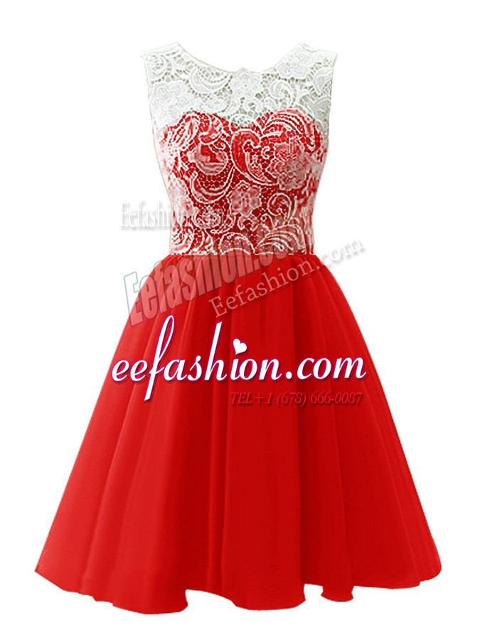 Delicate Scoop Red Chiffon Clasp Handle Prom Evening Gown Sleeveless Mini Length Lace