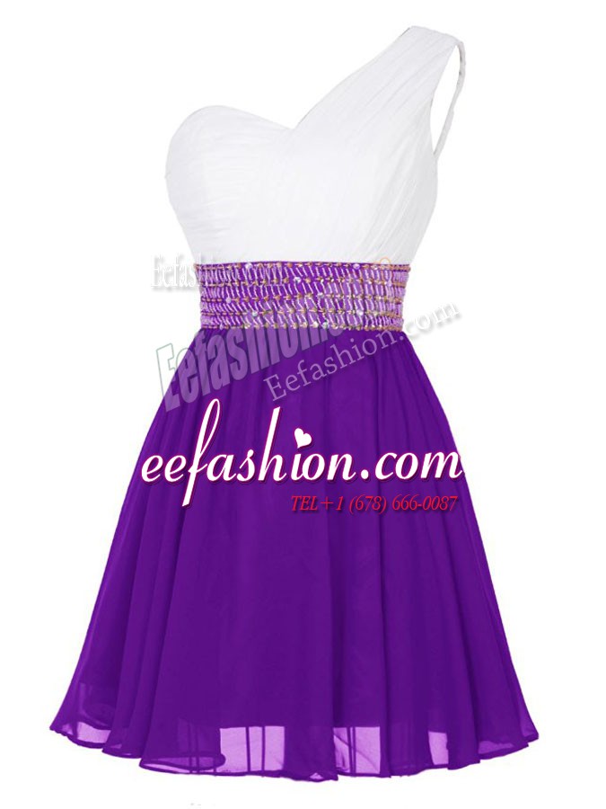 Flirting Mini Length White And Purple Prom Evening Gown One Shoulder Sleeveless Zipper