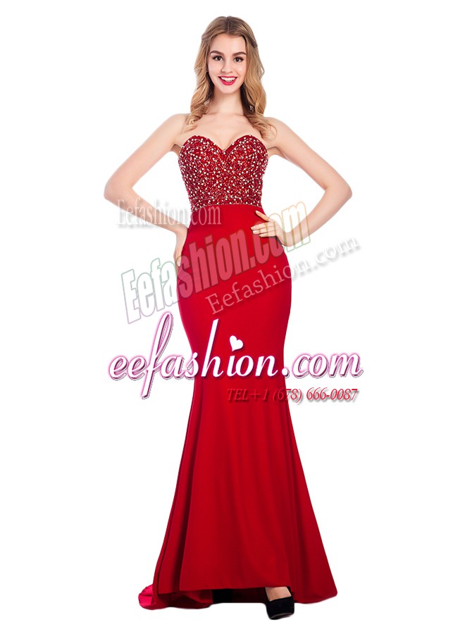  Mermaid Sleeveless With Train Beading Zipper Prom Party Dress with Wine Red Sweep Train