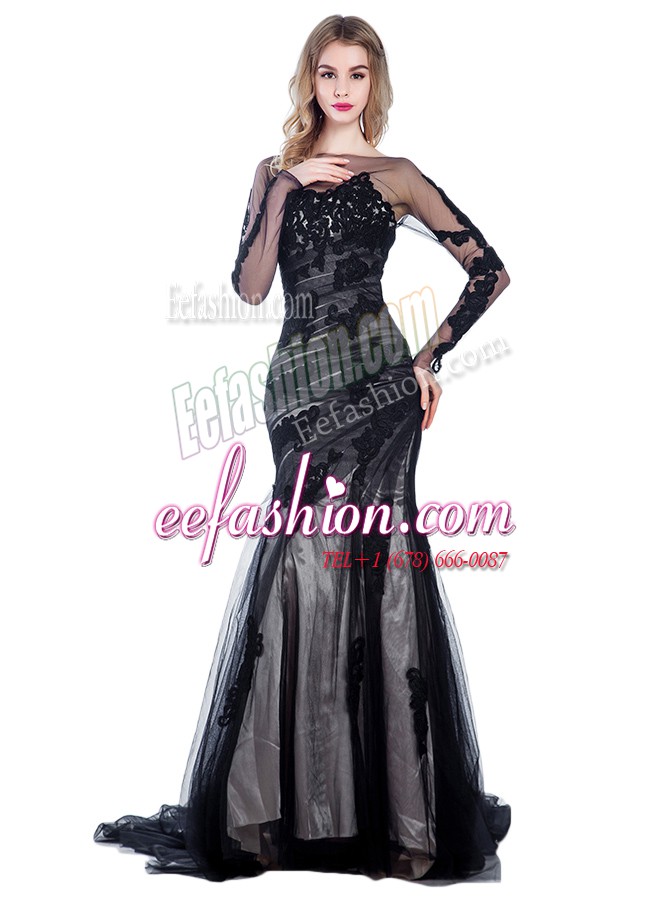  Mermaid Black Long Sleeves Tulle Court Train Zipper for Prom and Party