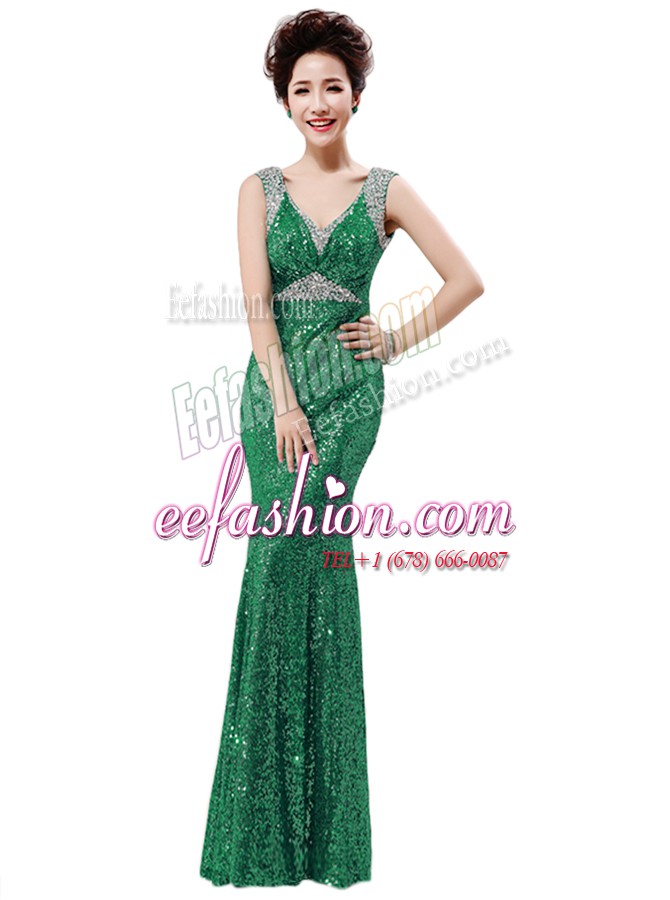 Beautiful Green Dress for Prom Prom and Party and For with Sequins V-neck Sleeveless Zipper