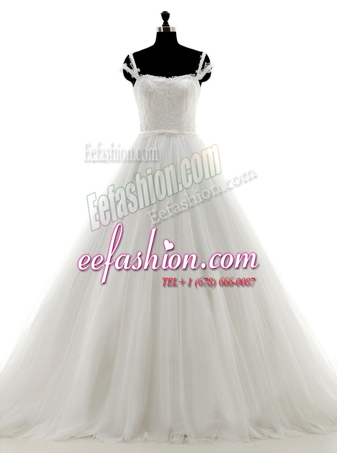 Best Selling White Tulle Lace Up Wedding Dresses Sleeveless With Brush Train Lace and Appliques