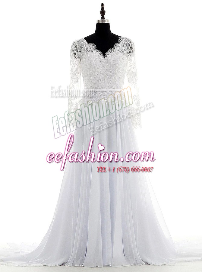  V-neck Long Sleeves Wedding Gowns With Brush Train Lace White Chiffon