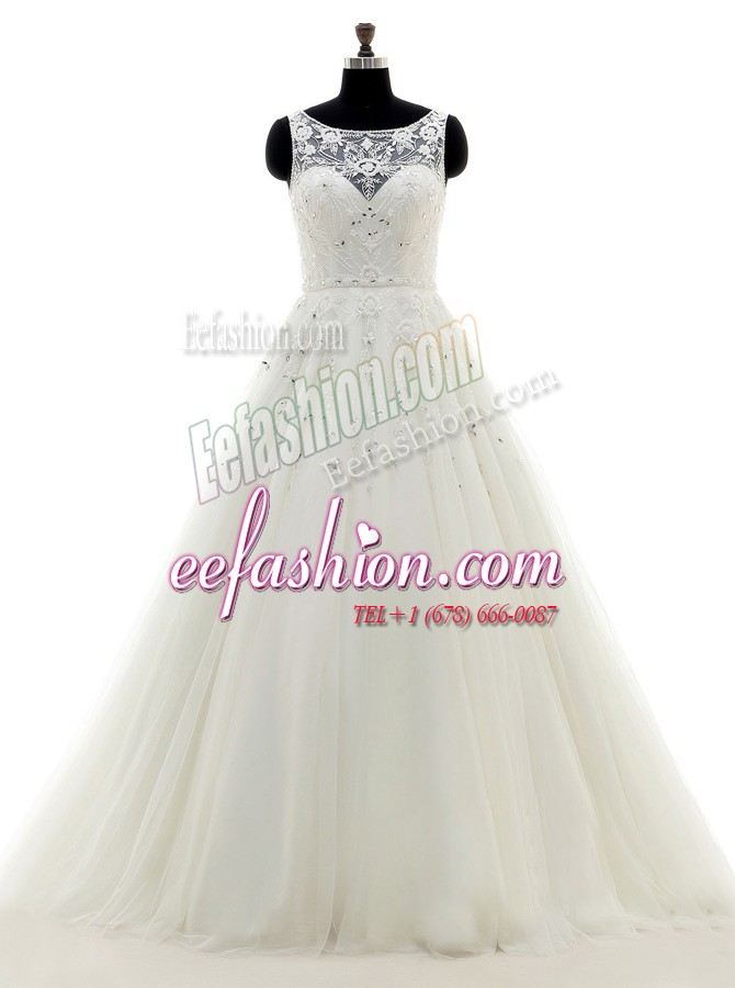 Ideal Scoop Sleeveless Wedding Gowns With Brush Train Beading and Lace and Appliques White Tulle