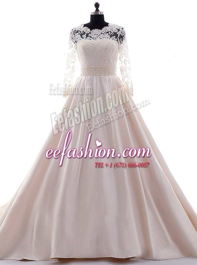 Dynamic Pink Satin Clasp Handle Scalloped 3 4 Length Sleeve With Train Wedding Dresses Brush Train Beading and Lace