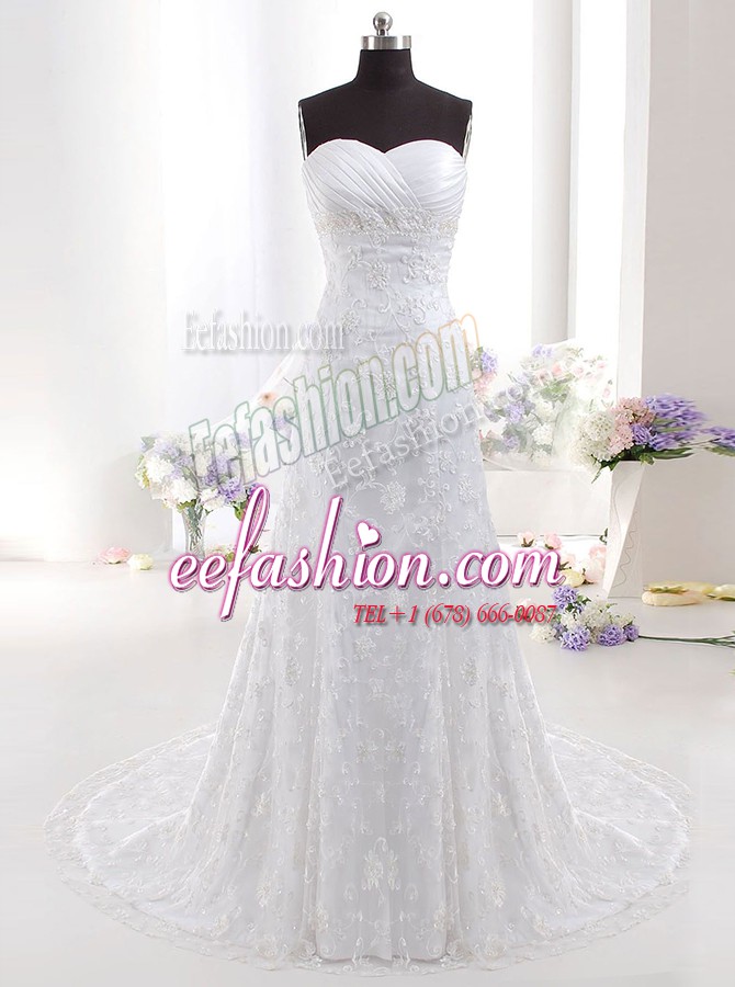  Sleeveless Brush Train Beading and Lace Clasp Handle Wedding Dress