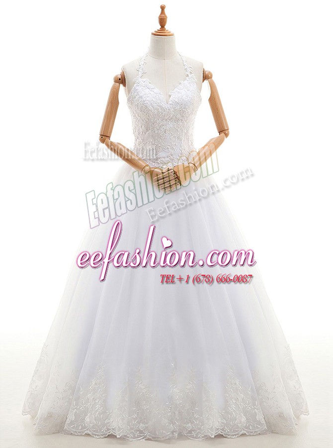 Captivating Halter Top Sleeveless Organza Floor Length Lace Up Bridal Gown in White with Lace and Appliques