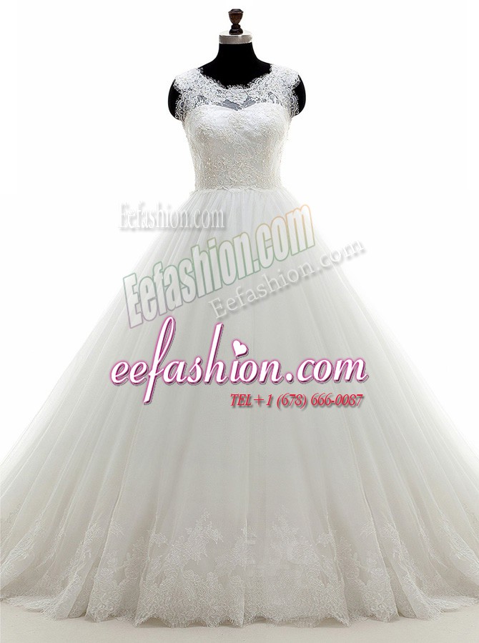 On Sale Scoop Lace Bridal Gown White Clasp Handle Sleeveless With Train