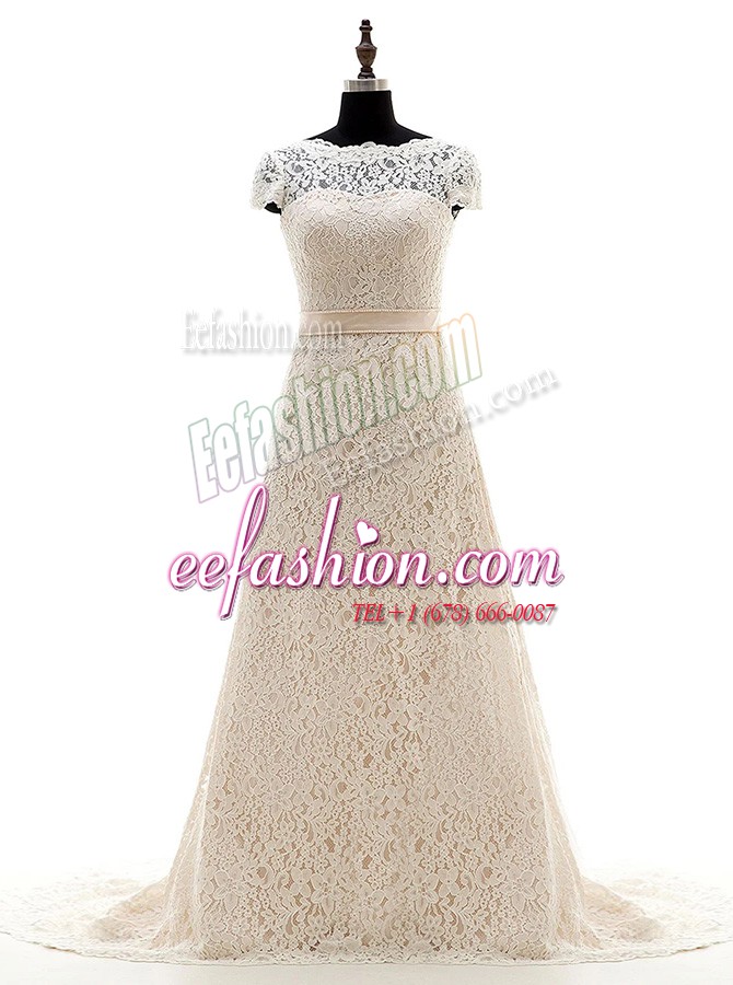 Designer Champagne Scoop Lace Up Lace and Belt Bridal Gown Brush Train Short Sleeves