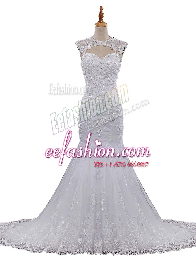 Designer Mermaid Scoop Sleeveless Lace With Brush Train Clasp Handle Wedding Dress in White with Beading and Lace