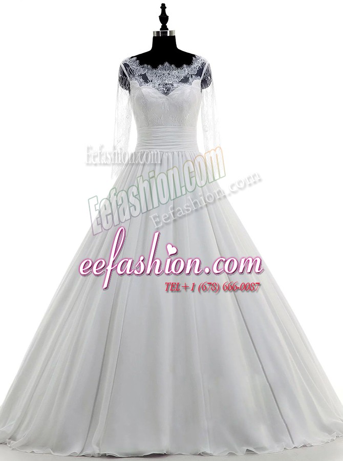  White Zipper Scalloped Lace Bridal Gown Chiffon 3 4 Length Sleeve Brush Train