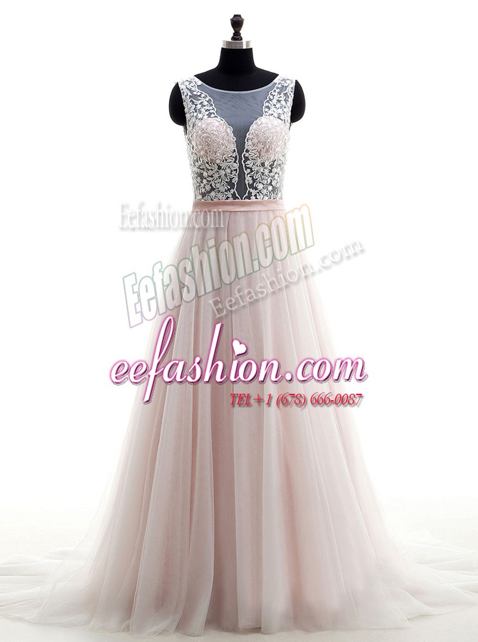 Captivating With Train Pink Wedding Gown Scoop Sleeveless Brush Train Clasp Handle