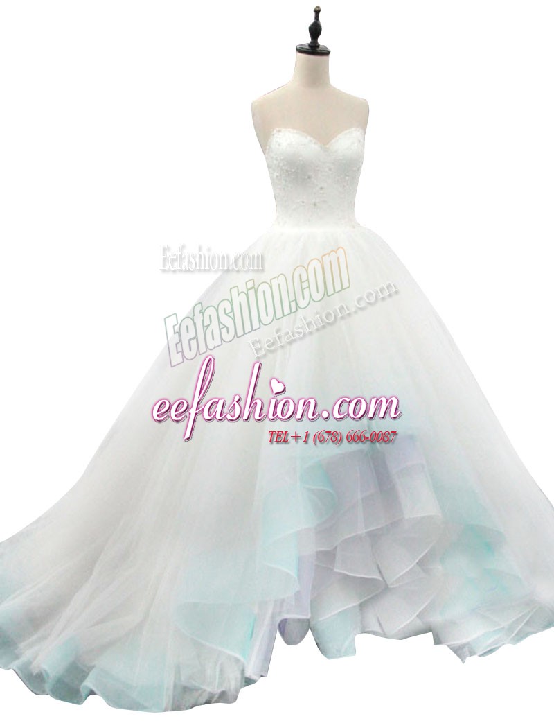 Ideal Sleeveless Organza High Low Lace Up Wedding Gown in Multi-color with Beading and Appliques