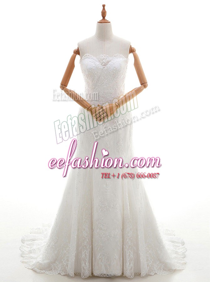  Brush Train Mermaid Wedding Gowns White Scalloped Lace Sleeveless With Train Lace Up