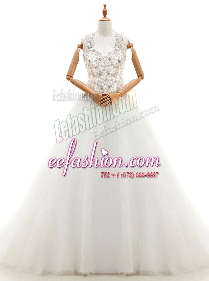  White V-neck Lace Up Beading and Lace Wedding Dress Brush Train Sleeveless