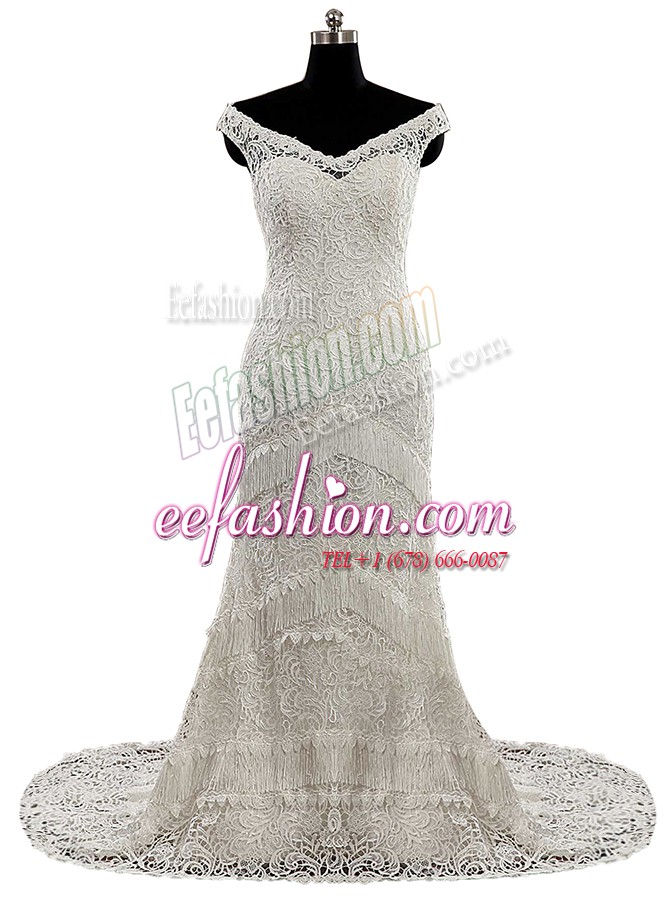Cute White Column/Sheath Lace V-neck Cap Sleeves Lace and Sashes ribbons With Train Zipper Wedding Dress Brush Train