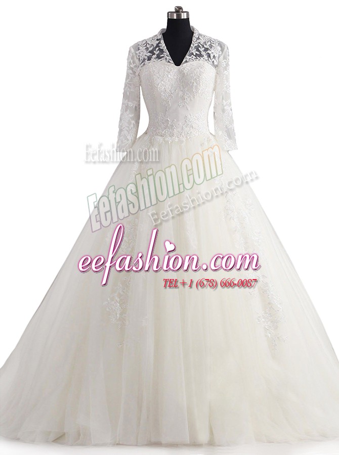 Great White A-line V-neck 3 4 Length Sleeve Tulle With Brush Train Zipper Appliques Wedding Gown