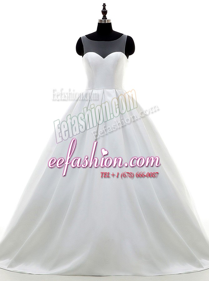  Satin Sleeveless With Train Wedding Gown Sweep Train and Lace and Appliques