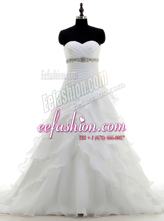 Free and Easy White Lace Up Wedding Gown Beading Sleeveless With Brush Train