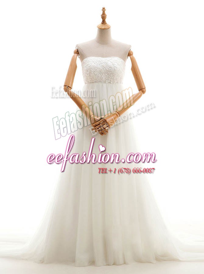 Spectacular White Sleeveless Court Train Lace With Train Wedding Dress