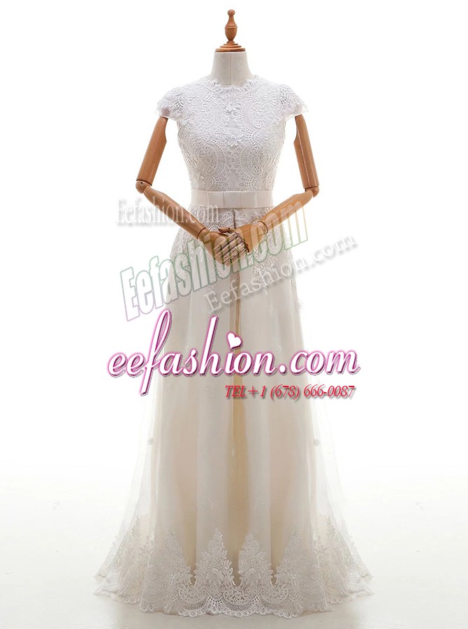 Modern Scoop Cap Sleeves Tulle Wedding Gowns Lace and Appliques Brush Train Zipper