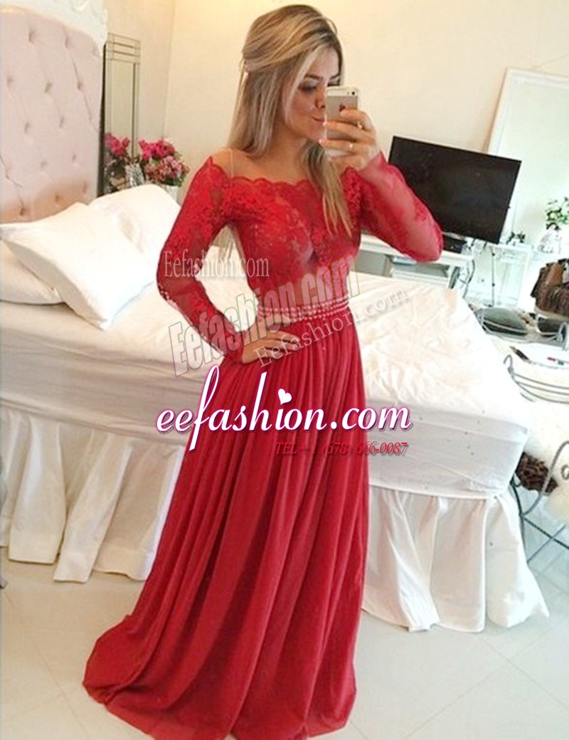 Flare Off the Shoulder Long Sleeves Floor Length Appliques Zipper with Red