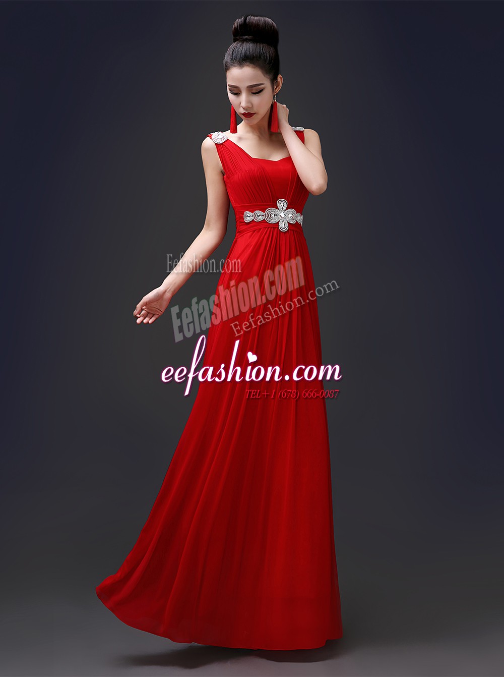  Square Red Chiffon Zipper Dress for Prom Sleeveless Floor Length Beading