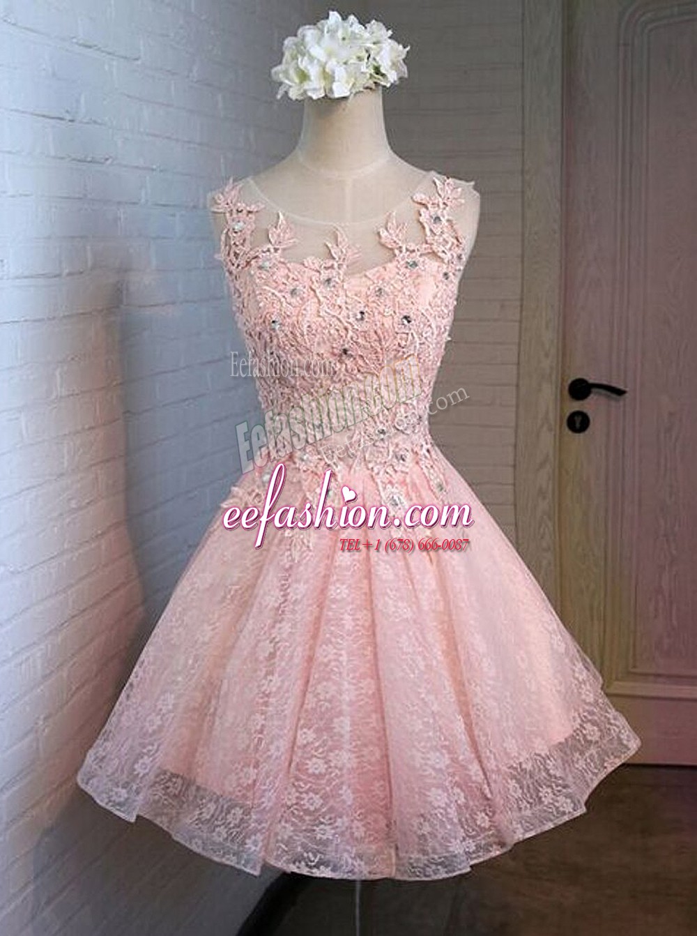  Scoop Pink Lace Lace Up Celeb Inspired Gowns Sleeveless Mini Length Appliques