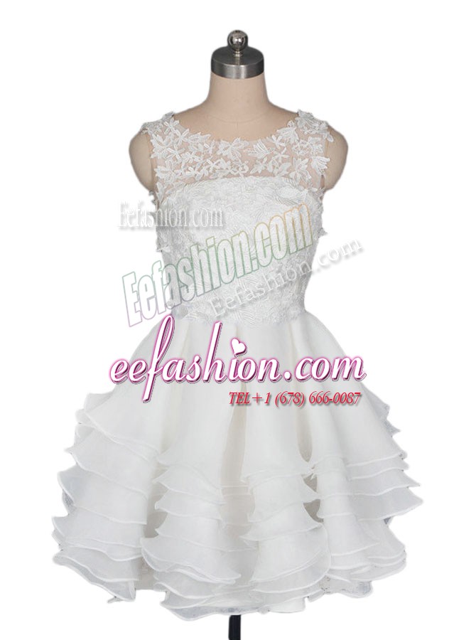  Scoop White Zipper Prom Gown Appliques and Ruching Sleeveless Knee Length