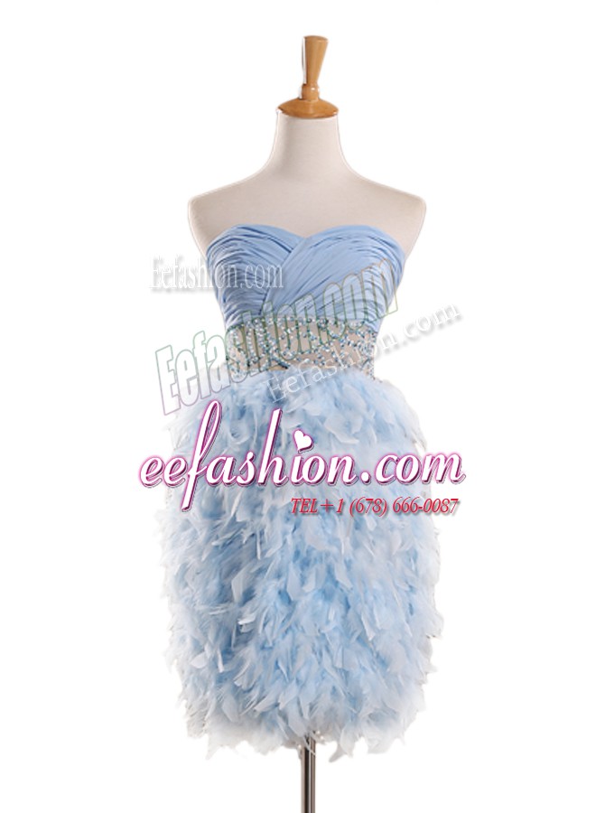 Low Price Light Blue Column/Sheath Sweetheart Sleeveless Chiffon Mini Length Zipper Beading Prom Gown