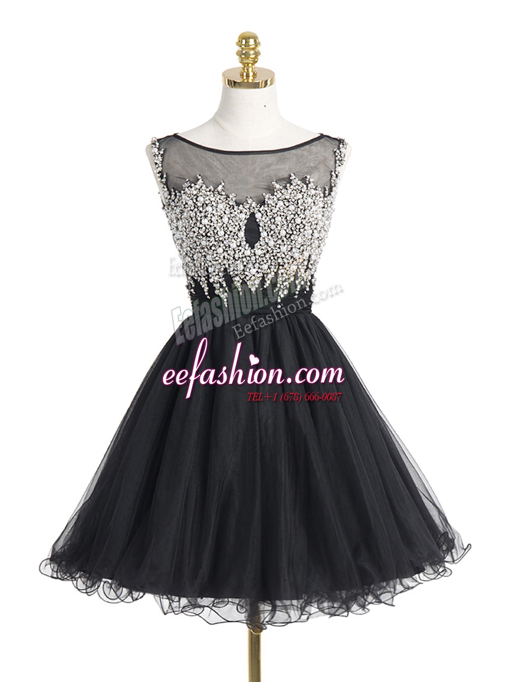Luxurious Scoop Sequins Mini Length A-line Sleeveless Black Evening Dress Zipper