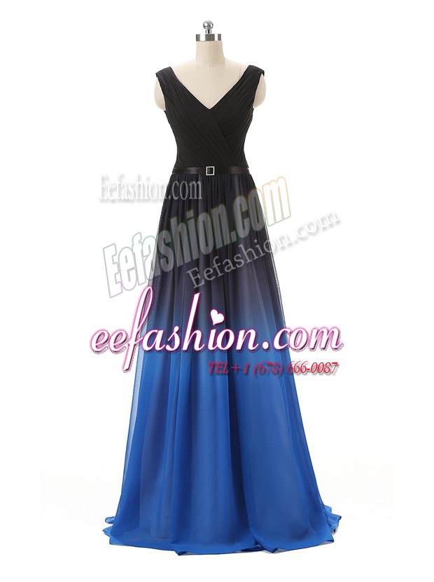  Blue And Black A-line Belt Evening Dress Zipper Chiffon and Tulle Sleeveless Floor Length