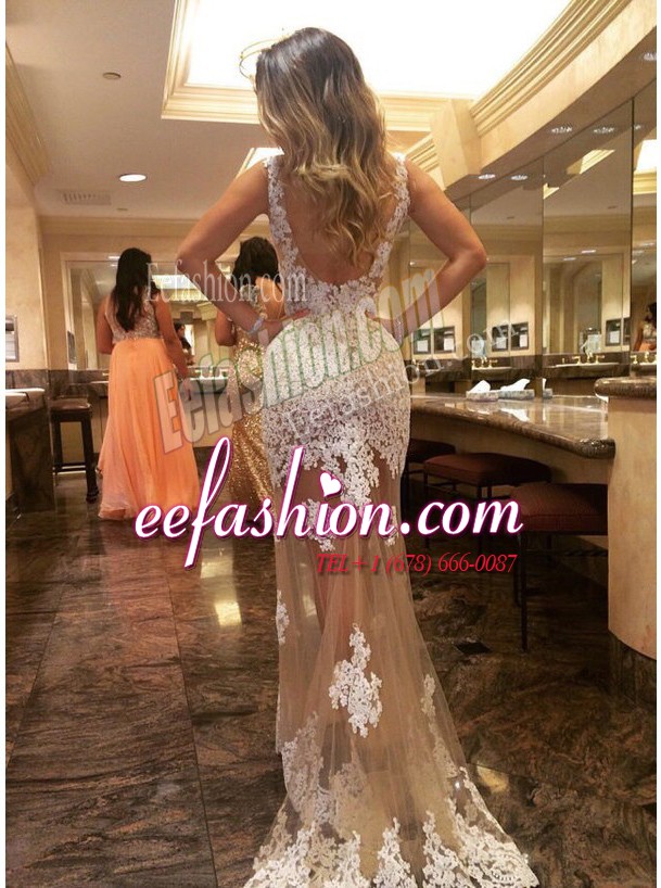 Fancy Champagne Mermaid Scoop Sleeveless Tulle Court Train Backless Appliques Prom Gown