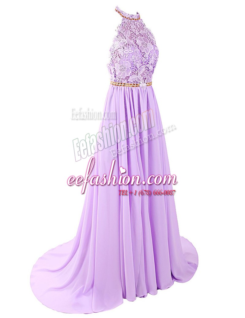  Backless Chiffon Sleeveless With Train Prom Evening Gown Brush Train and Lace