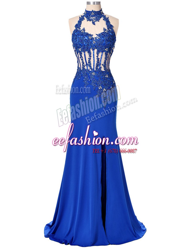 Royal Blue Evening Dress Prom and For with Beading and Appliques High-neck Sleeveless Backless