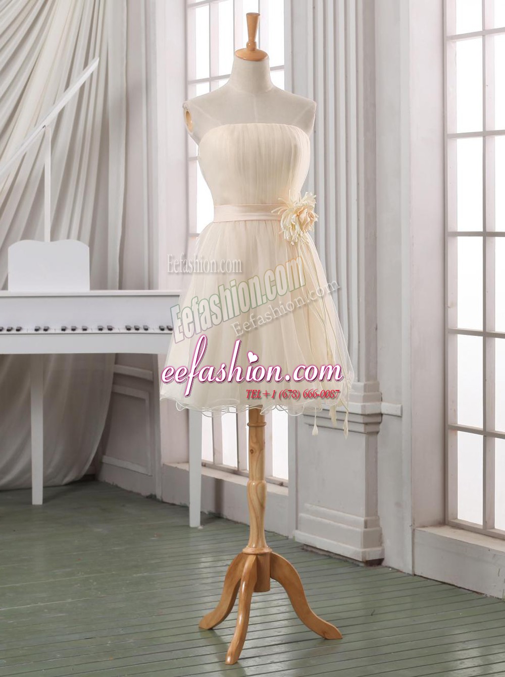 Popular White and Champagne Strapless Zipper Belt and Hand Made Flower Evening Party Dresses Sleeveless