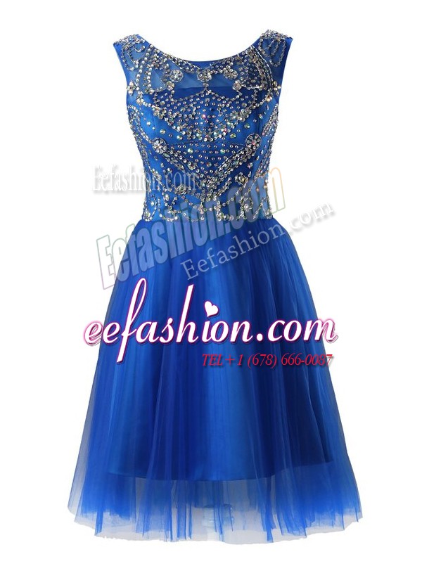  Scoop Sleeveless Prom Gown Mini Length Beading Royal Blue Tulle