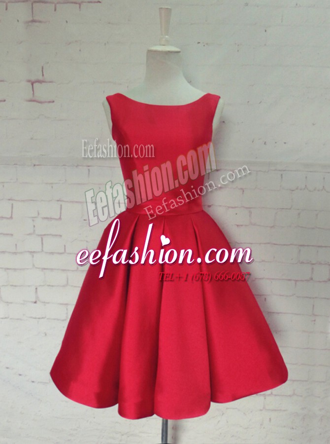 Chic Red A-line Bateau Sleeveless Satin Knee Length Backless Ruching and Bowknot Prom Evening Gown