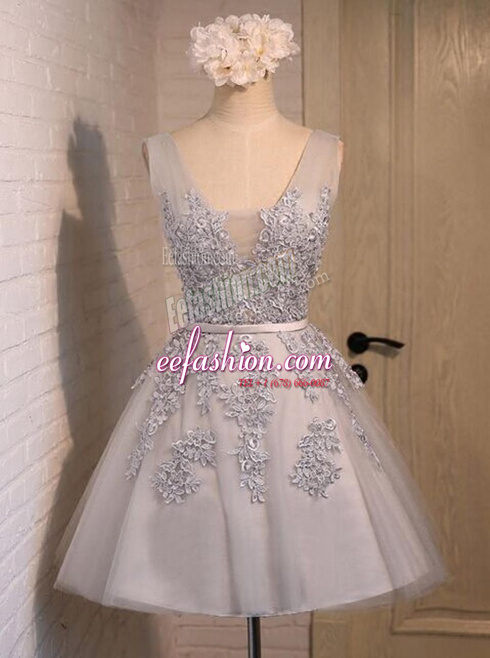  Beading and Appliques Dress for Prom Grey Lace Up Sleeveless Mini Length
