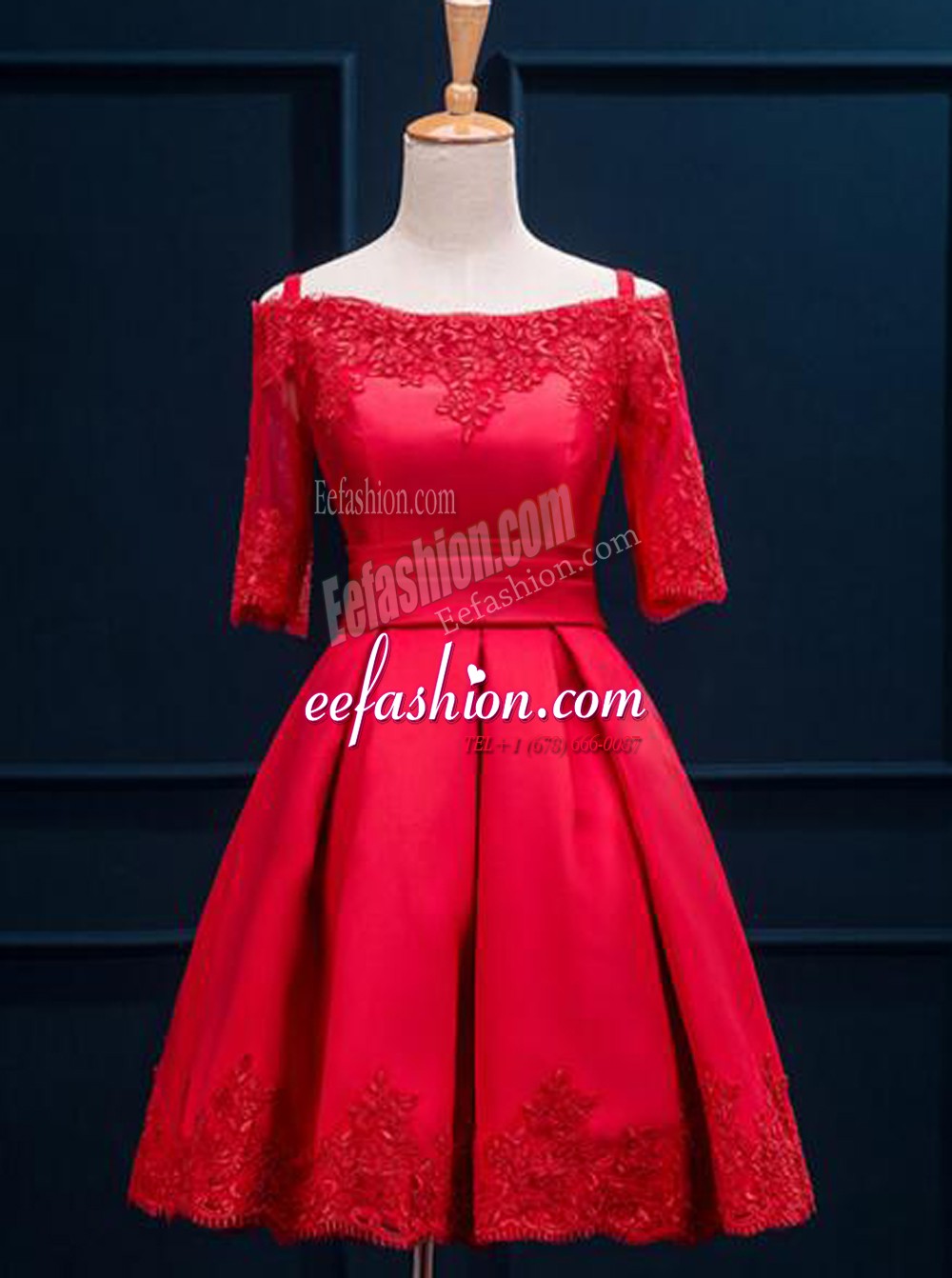  Off the Shoulder Half Sleeves Mini Length Appliques and Pleated Lace Up Formal Evening Gowns with Red