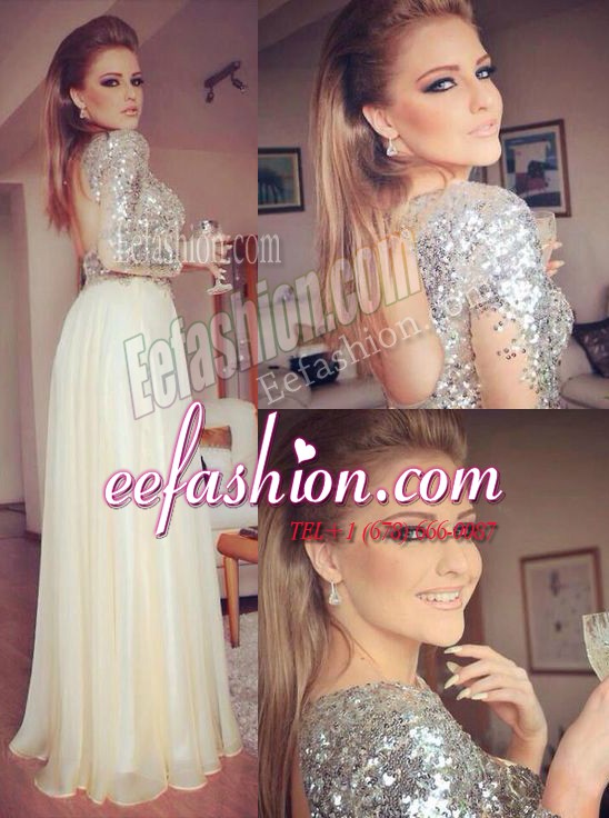  Backless Floor Length Champagne Celebrity Inspired Dress Chiffon Long Sleeves Sequins