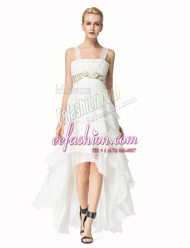 Fantastic Sleeveless Organza High Low Lace Up Evening Dress in White with Beading