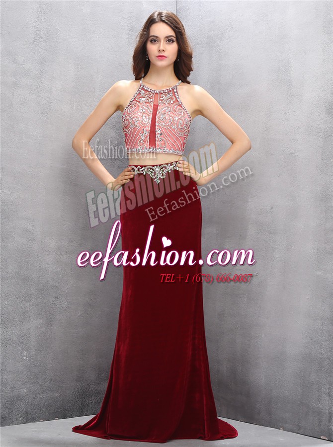 Fabulous Scoop With Train Criss Cross Prom Party Dress Burgundy for Prom with Beading Sweep Train