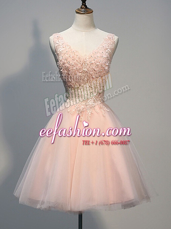  Sleeveless Knee Length Beading and Appliques Zipper Evening Dress with Peach