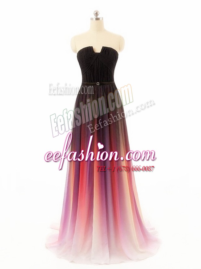 Best Selling Sleeveless Chiffon and Fading Color With Train Sweep Train Zipper Prom Evening Gown in Multi-color with Belt