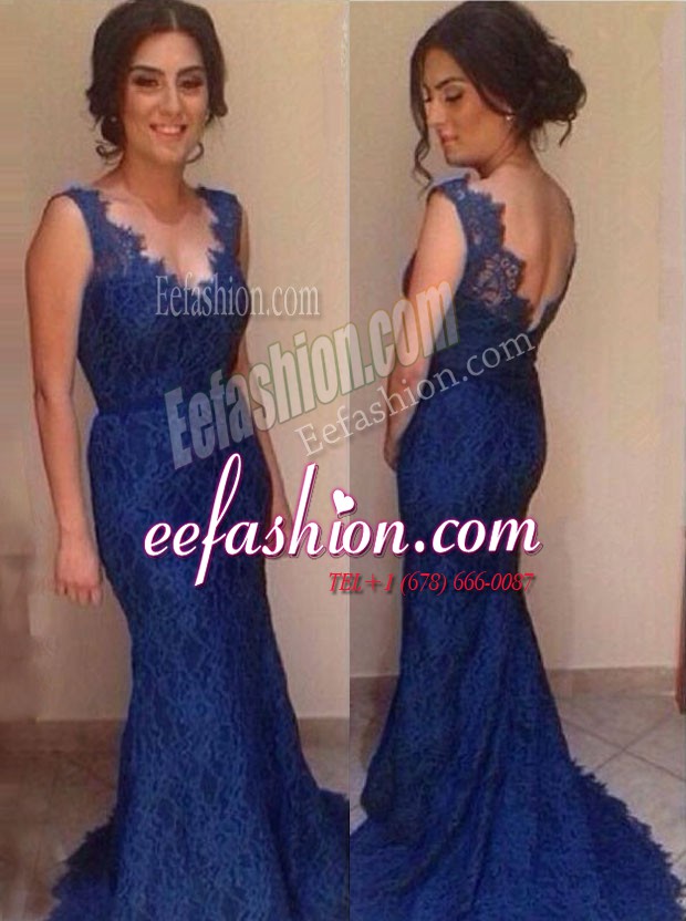  Lace Mermaid Sleeveless Royal Blue Prom Dress Court Train Backless