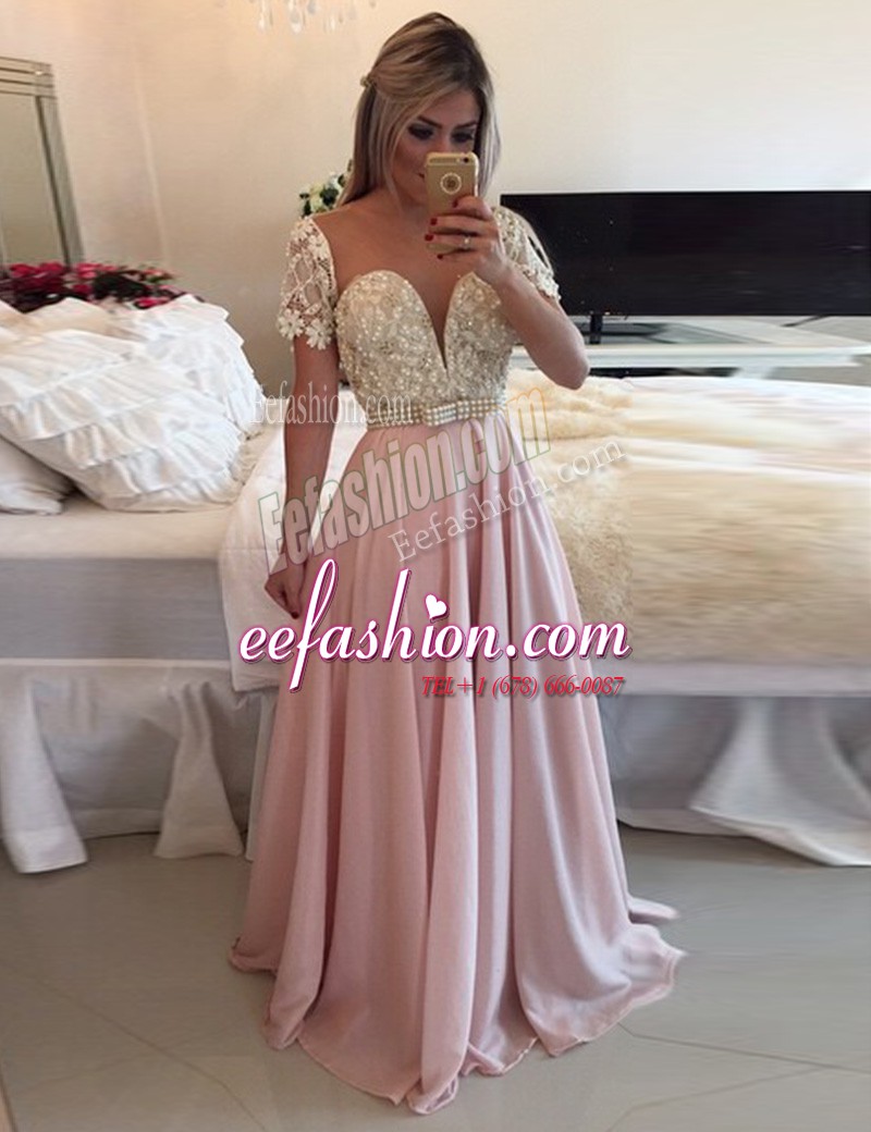 Artistic Scoop Beading and Lace Homecoming Dress Pink Zipper Short Sleeves Floor Length