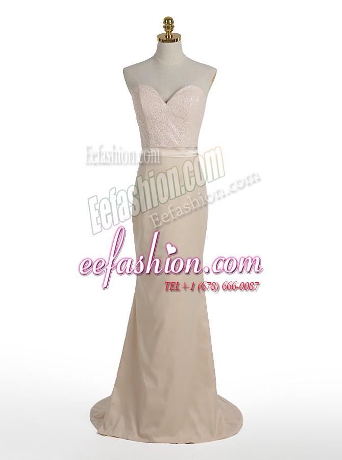 Luxurious Mermaid Champagne Elastic Woven Satin Zipper Sweetheart Sleeveless With Train Prom Gown Brush Train Sequins