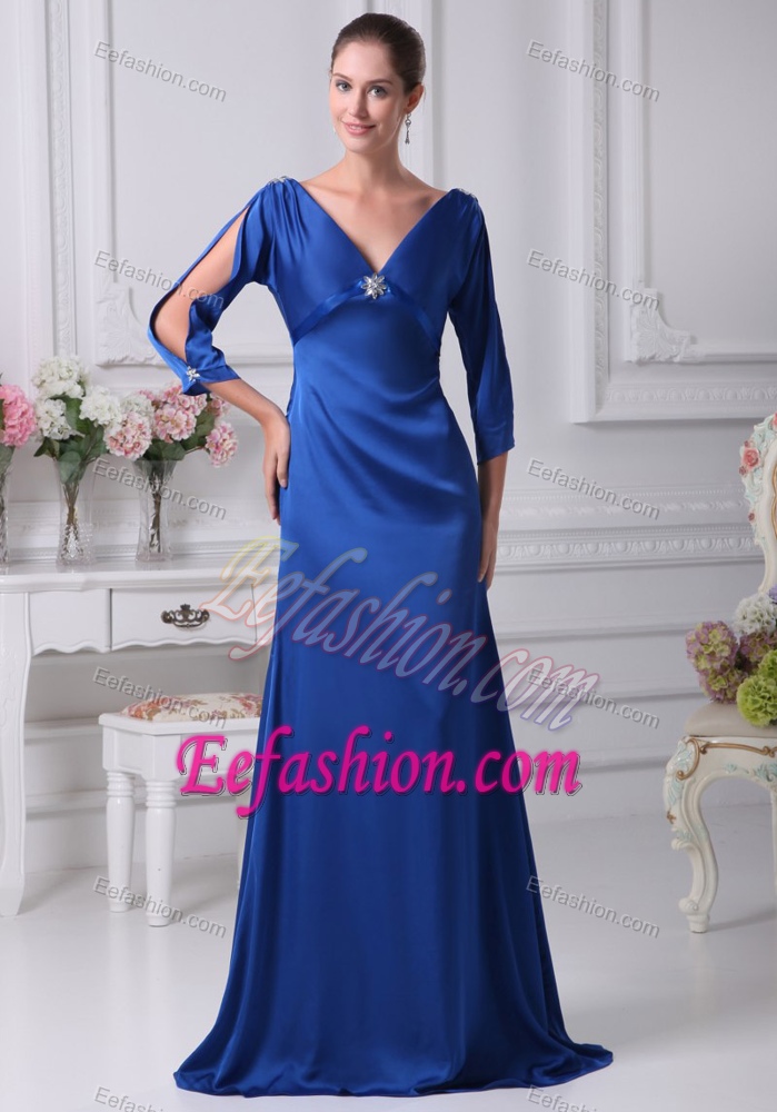 V-neck Long Sleeves Mother of the Bride Dress in Royal Blue with Sweep