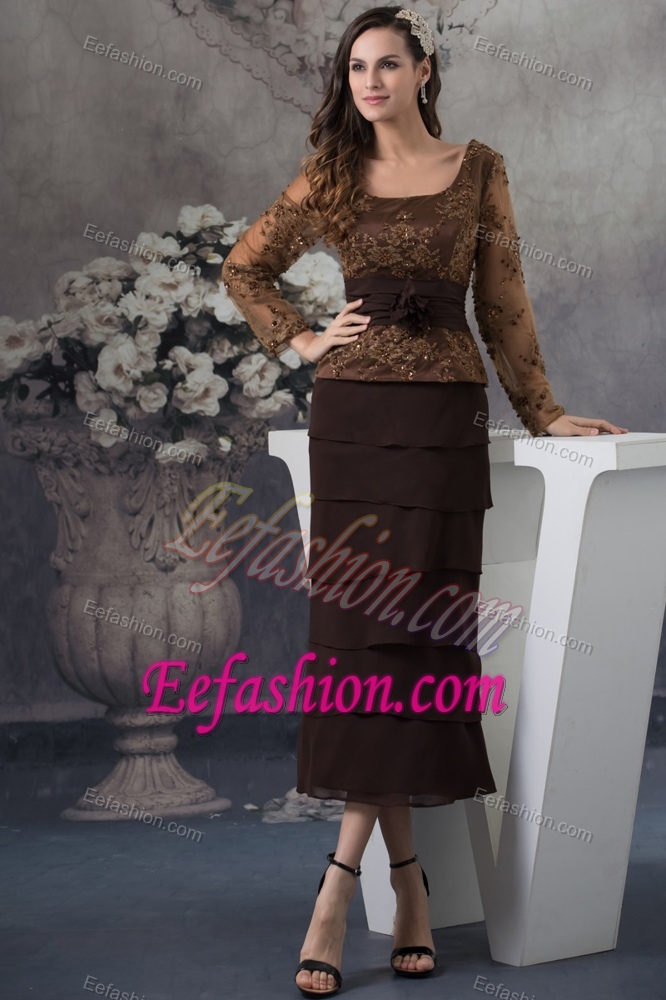 Chocolate Long Sleeve Embroidery Mother of the Bride Dress with Ruffles